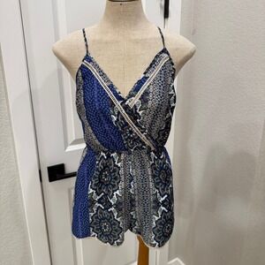 Lush Womens Romper XS Blue Brown‎ Boho Sleeveless Casual V Neck Criss Cross
